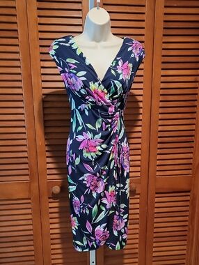 LONDON TIMES SLEEVELESS FLORAL WRAP DRESS WITH EMPIRE WAIST